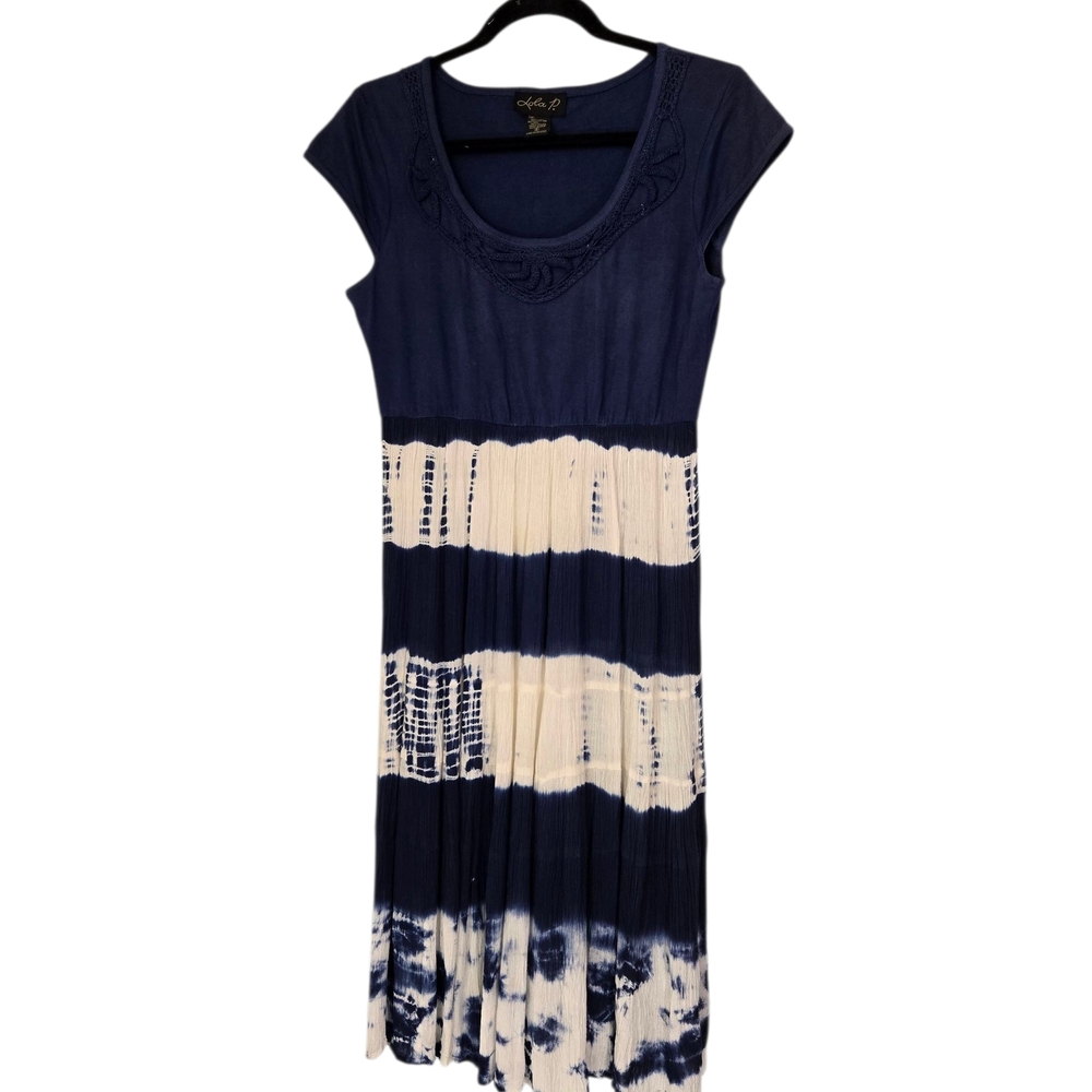 Lola P. Navy and Cream Midi Dress Sz Small